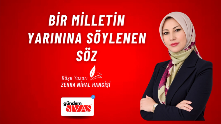 Kırmızı zemin üzerinde yazılar ve kollarını bağlamış başörtülü bir kadın; altta Gündem Sivas logosu bulunuyor.
