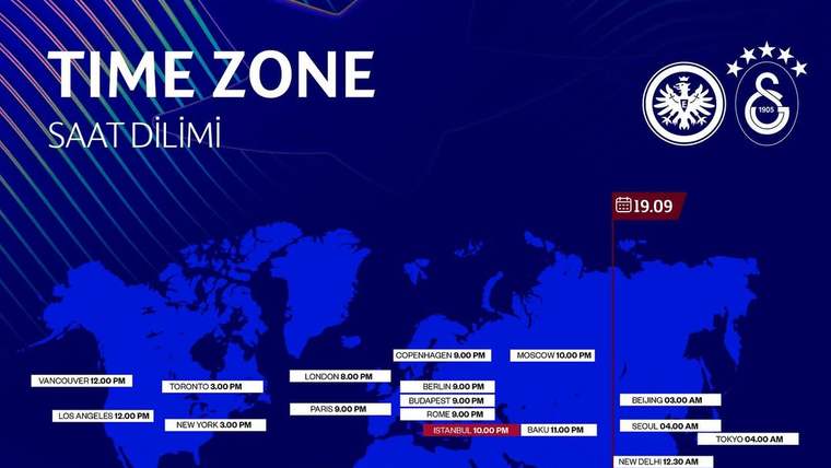 Mavi zemin üzerinde dünya haritası, şehirlerin maç saatleri, iki futbol kulübü logosu ve UEFA Şampiyonlar Ligi işareti.