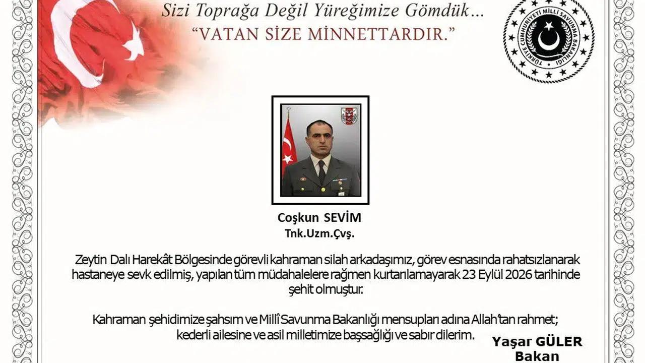 Harekât Bölgesi’nden Acı Haber: Coşkun Sevim Şehit Oldu