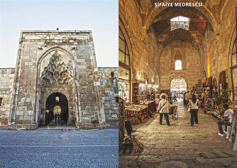 Sivas Şifaiye Medresesi'nin dış cephesi ve iç mekanında hediyelik eşya satan kişiler.