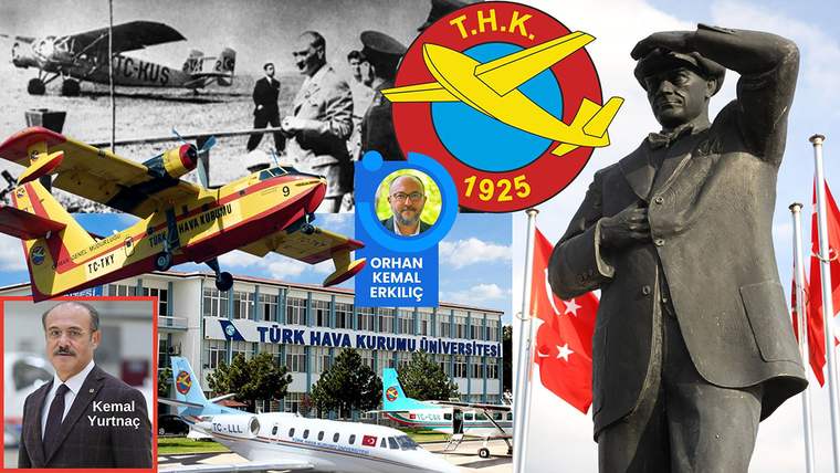 Türk Hava Kurumu logosu, uçaklar, üniversite binası, bir heykel ve iki kişinin portrelerinden oluşan kolaj.
