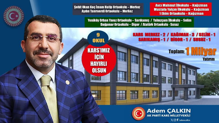 Takım elbiseli bir erkek portresi, okul binası çizimi ve çeşitli okul adlarının yazılı olduğu bir tasarım.
