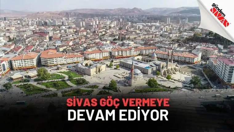 Sivas'ın merkezinin havadan görünümü, tarihi yapılar ve modern binalar yer alıyor.