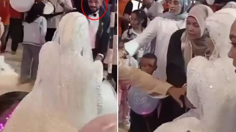 Düğün töreninde gelin, etrafında kalabalık bir grup ile birlikte duruyor.