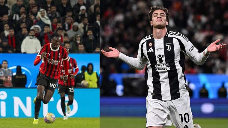 Bölünmüş görselde kırmızı-siyah formalı futbolcu top sürerken, siyah-beyaz formalı futbolcu kollarını açıyor.