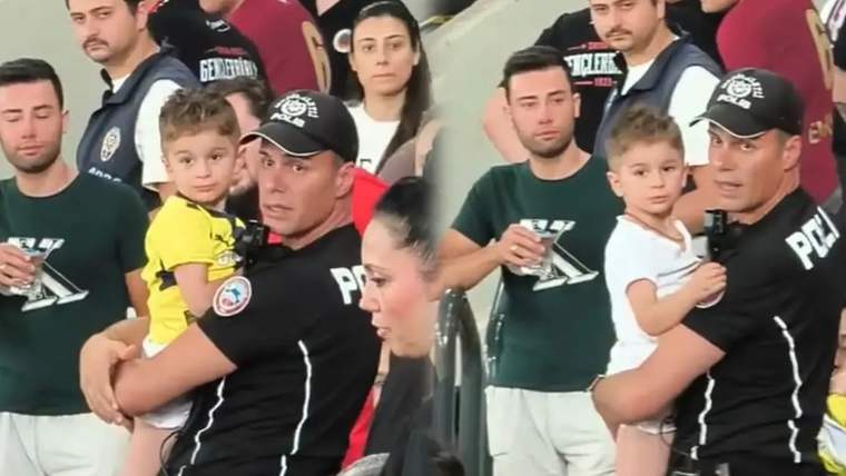 Yan yana iki karede, üzerinde POLİS yazan bir görevli kucağında bir çocukla kalabalık arasında duruyor.
