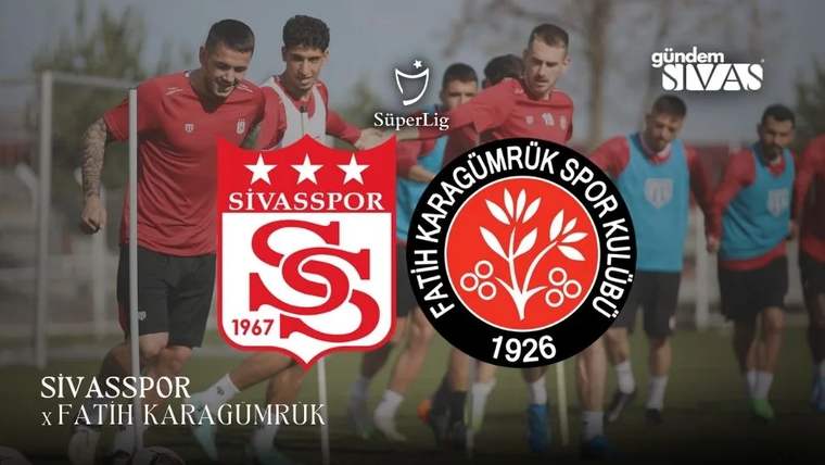Antrenman yapan futbolcuların önünde Sivasspor ve Fatih Karagümrük logoları yer alıyor.