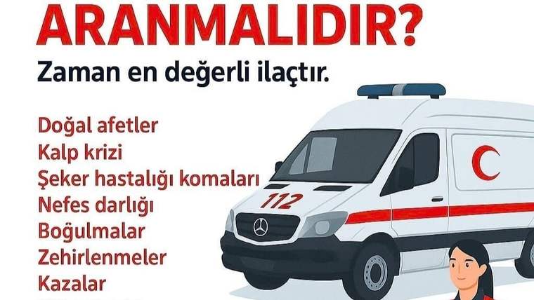 112 Acil Çağrı Hattı'nın aranması gereken durumlar listelenmiş, arka planda ambulans görseli var.