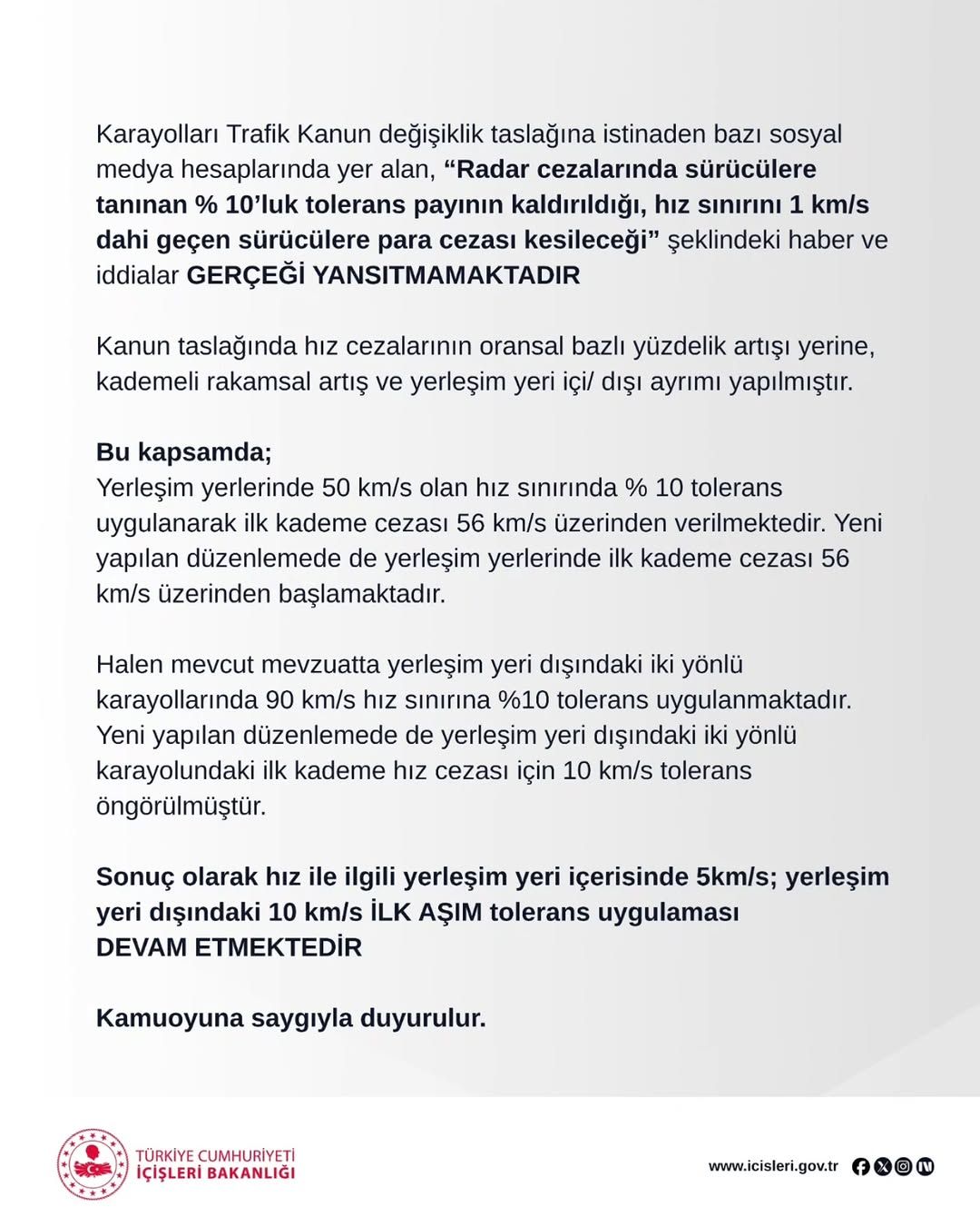 Trafikte Hız Cezalarında Tolerans Payı Kaldırılmadı: İçişleri Bakanlığı Açıklama Yaptı