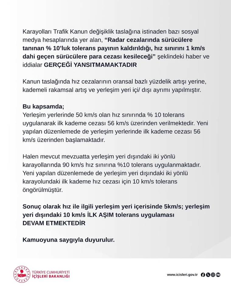 İçişleri Bakanlığı logosu bulunan açıklama metninde hız cezaları ve tolerans uygulaması anlatılıyor.