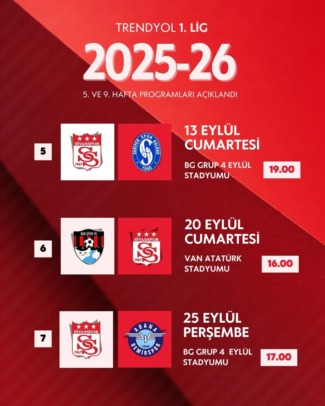 Trendyol 1. Lig'de Sivasspor'un Maç Takvimi Açıklandı