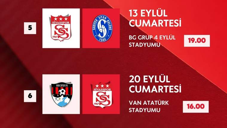 Kırmızı zeminli fikstür grafiğinde 5, 6 ve 7. hafta maçları, tarihler, stadyumlar ve saatler listeleniyor.