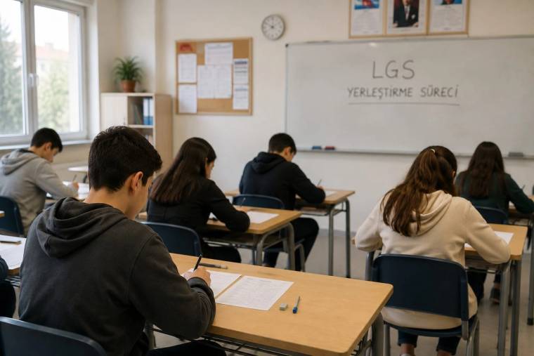 Sınıfta öğrenciler sıralarında otururken tahtada “LGS yerleştirme süreci” yazısı görülüyor.
