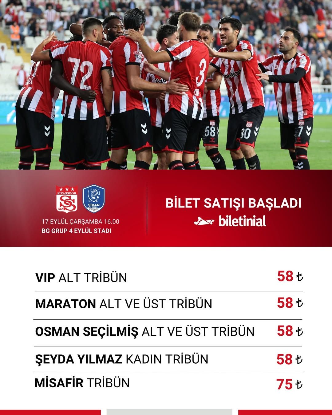 Sivasspor'un Ziraat Türkiye Kupası Maçı Biletleri Satışta