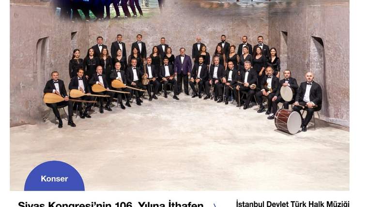 Bağlama ve davul çalan sanatçıların yer aldığı topluluk, konser afişinde birlikte poz veriyor.