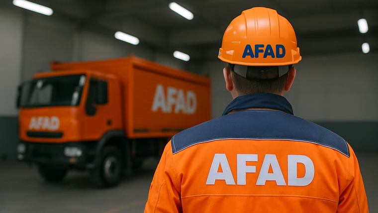AFAD yazılı turuncu mont ve baret giyen kişi, kapalı alanda AFAD yazılı turuncu kamyonun önünde duruyor.