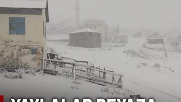 Yoğun kar altında kalan yerleşimde binalar ve çitler beyaz örtüyle kaplanmış, görüş mesafesi düşmüş.