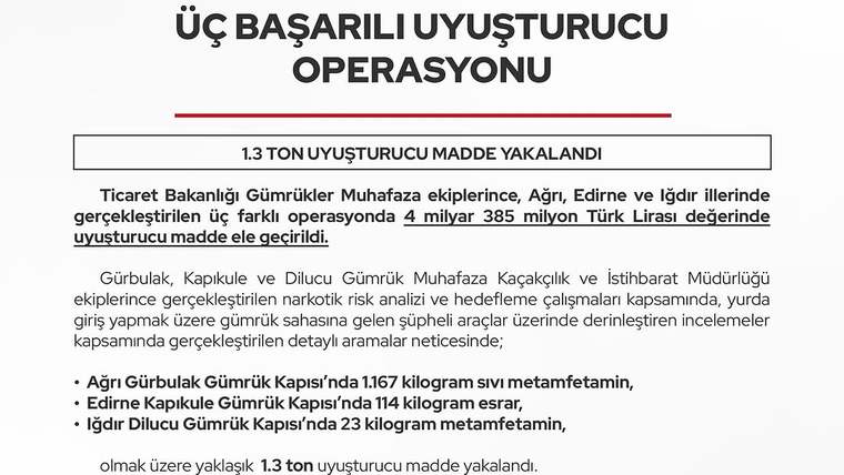 Uyuşturucu operasyonlarına ilişkin infografikte Ağrı, Edirne ve Iğdır’da ele geçirilen maddeler ve miktarları yazıyor.