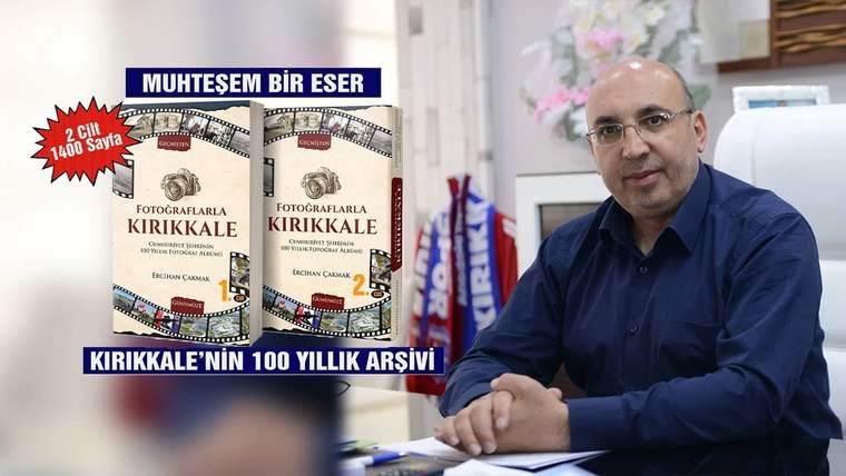 Masa başında oturan gözlüklü bir kişinin yanında, Kırıkkale fotoğraflarını içeren iki kitap kapağı görülüyor.