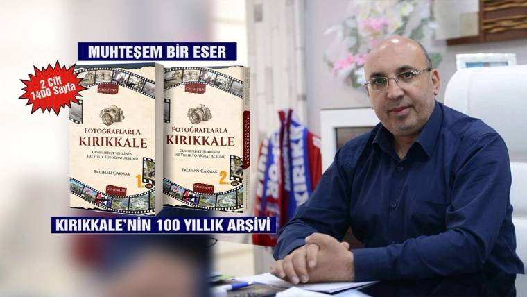 Masa başında oturan gözlüklü bir kişinin yanında, Kırıkkale fotoğraflarını içeren iki kitap kapağı görülüyor.