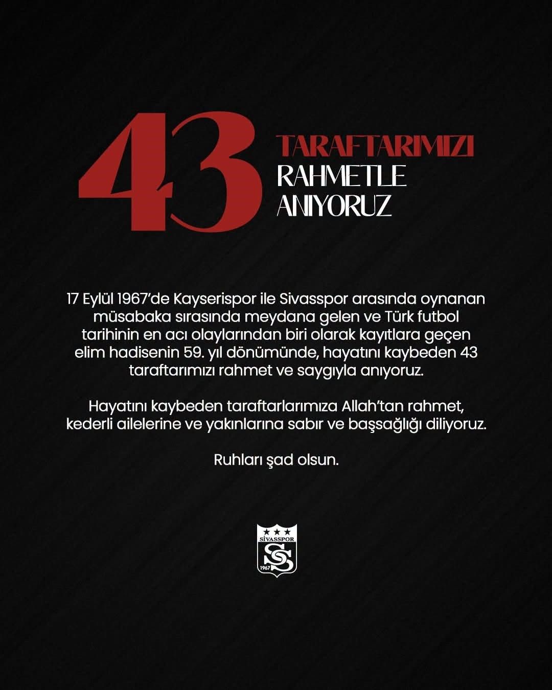 “Ruhları şad olsun” mesajı 43 taraftar için paylaşıldı