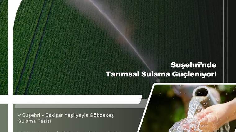 Yeşil sıralı tarım arazisi sulanırken, ek görselde ellerin arasından akan su görülüyor.