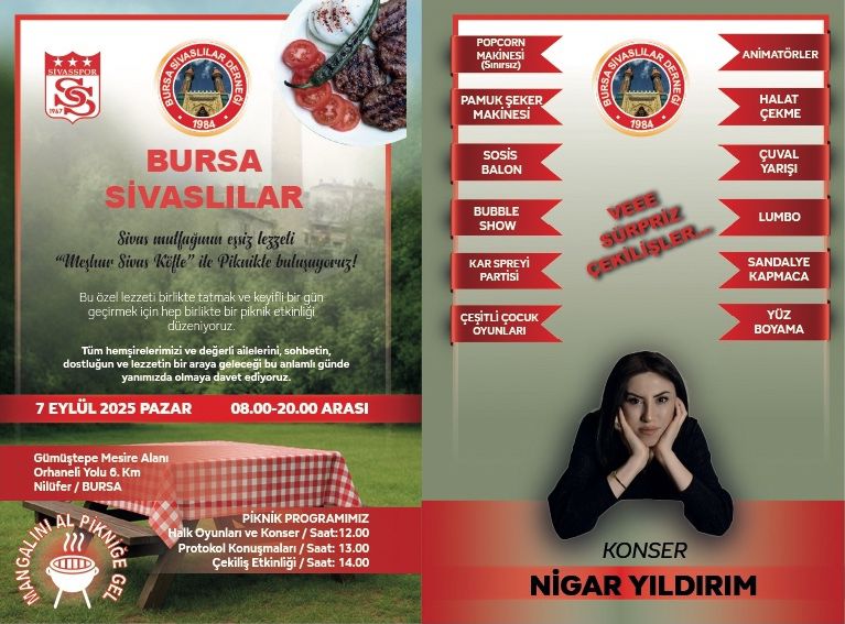 Bursa Sivaslılar pikniği afişinde etkinlik programı, Sivas köftesi görseli ve konser verecek kadın yer alıyor.