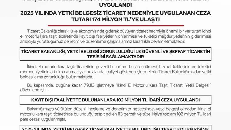Ticaret Bakanlığı'ndan İkinci El Araç Piyasasına Ağır Yaptırım: 174 Milyon TL Ceza