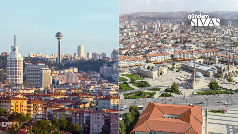 Sivas'ın şehir manzarası, modern binalar ve tarihi yapılar görünmekte.