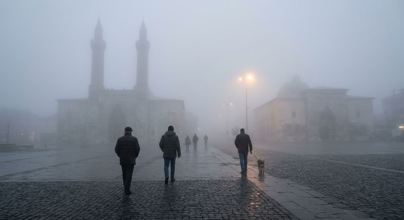Yoğun sis altında iki minareli yapı, taş döşeli alanda yürüyen insanlar ve bir köpek görülüyor.
