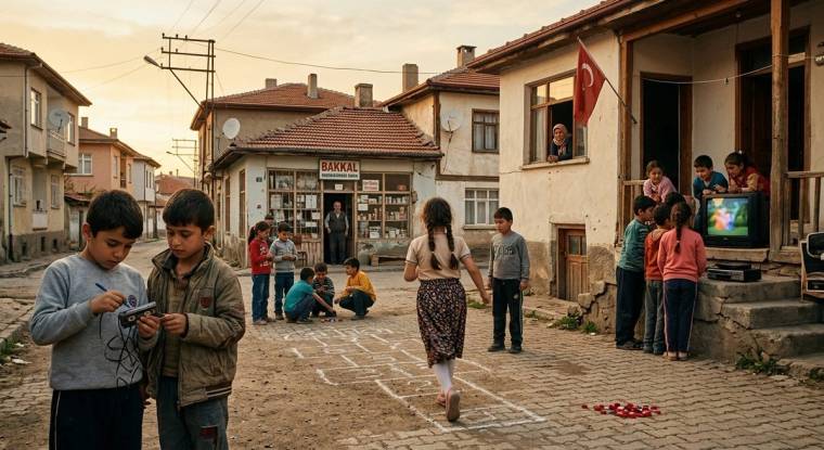 Mahalle sokağında çocuklar seksek oynuyor; bir bakkal, Türk bayrağı ve penceredeki televizyonda çizgi film görülüyor.