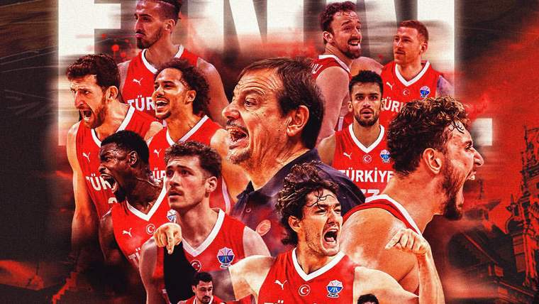 Türkiye forması giyen basketbolcuların kolajı; arka planda “FINAL” yazısı, Türk ve Alman bayrakları görülüyor.