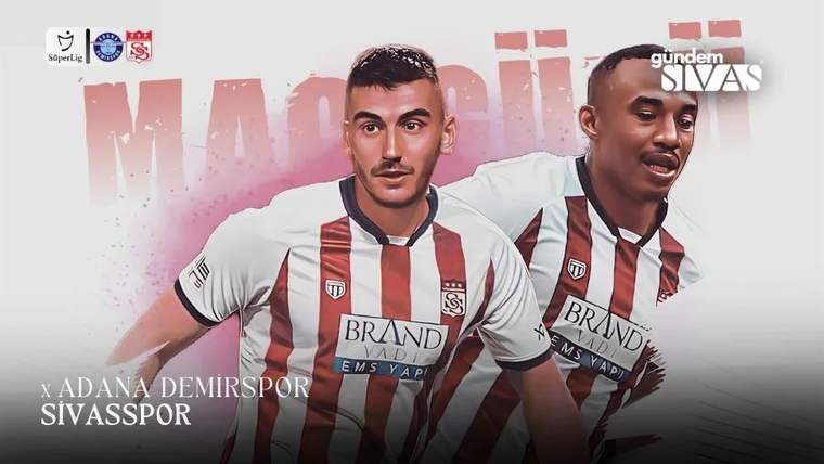 Kırmızı-beyaz çubuklu formalar giyen iki futbolcu, üzerinde Adana Demirspor ve Sivasspor yazıları bulunan grafikte yer alıyor.