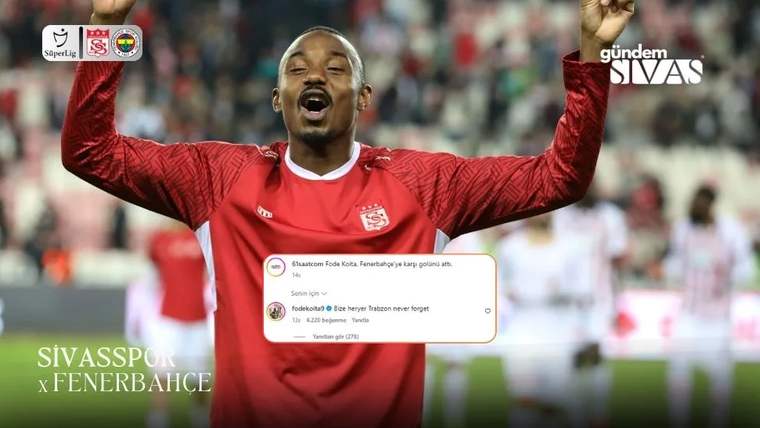 Kırmızı formalı bir futbolcu kollarını kaldırırken, üzerine sosyal medya paylaşımı ekranı yerleştirilmiş.