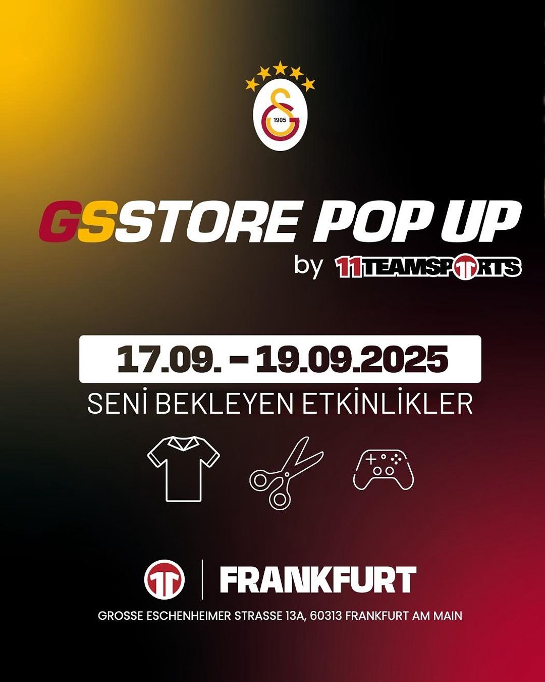 GS Store Pop Up duyurusunda 17-19 Eylül 2025 tarihleri, etkinlik ikonları ve Frankfurt adresi yer alıyor.