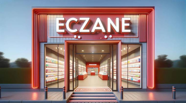 Aydınlatmalı Eczane tabelası bulunan, kapıları açık bir eczanenin girişinde ilaç rafları ve bankolar görülüyor.