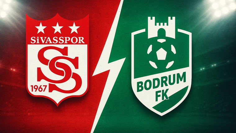 Kırmızı ve yeşil zemin üzerinde Sivasspor ile Bodrum FK logoları, aralarında beyaz şimşek motifiyle yer alıyor.
