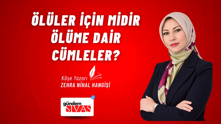 Kırmızı zeminli grafik üzerinde başlık metni, başörtülü bir kadın portresi ve Gündem Sivas logosu yer alıyor.
