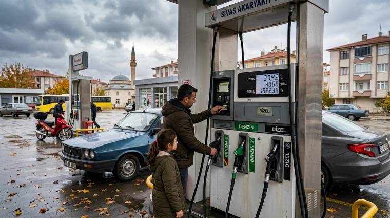 Yakıt istasyonunda bir kişi ve çocuk, fiyat göstergeleri bulunan benzin ve dizel pompalarının yanında duruyor.