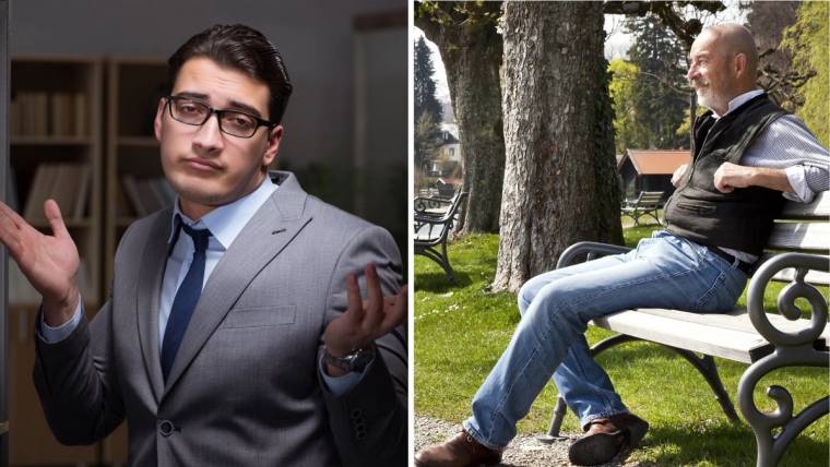İkiye bölünmüş görselde gözlüklü takım elbiseli bir kişi ile parkta bankta oturan bir kişi görülüyor.