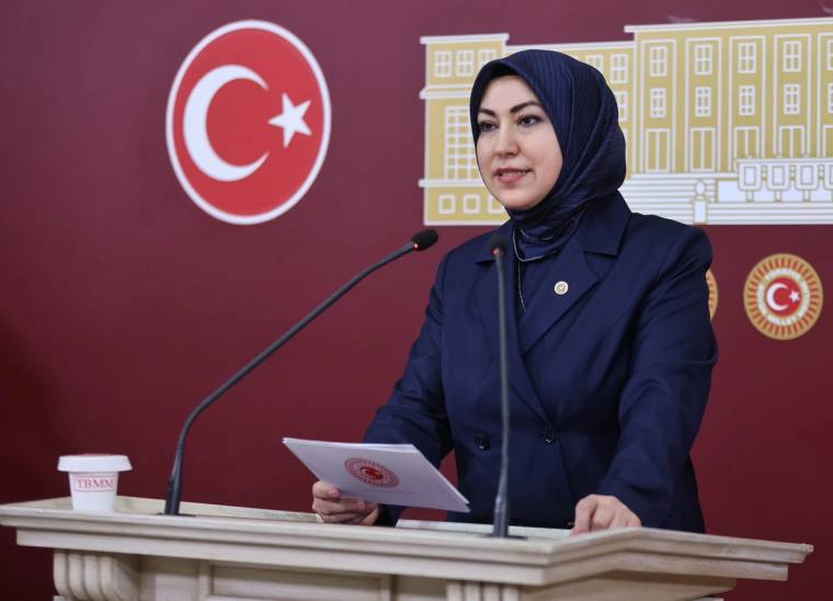 Kürsüde konuşan bir kadın, elinde bir belge tutuyor ve arkasında Türk bayrağı simgesi var.