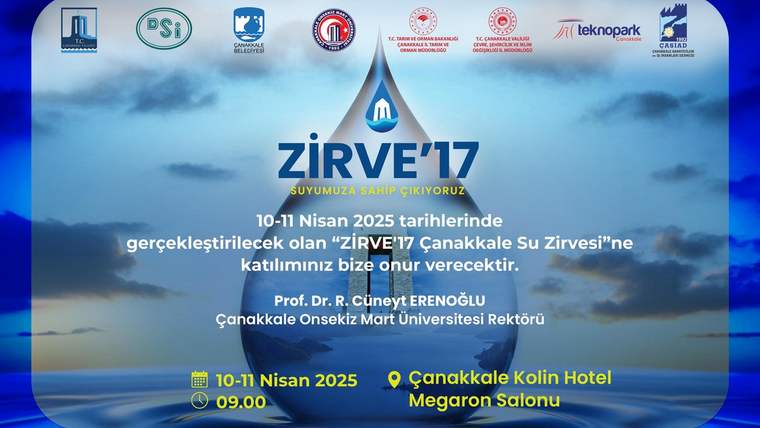 ZİRVE17 Su Zirvesi afişinde 10-11 Nisan 2025 ve Çanakkale Kolin Hotel Megaron Salonu bilgileri yer alıyor.