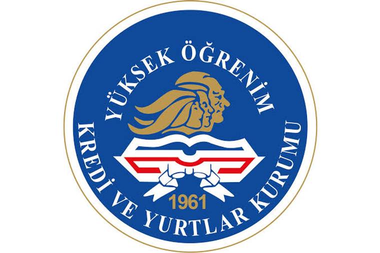 Beyaz zemin üzerinde, üzerinde “Yüksek Öğrenim Kredi ve Yurtlar Kurumu” yazan yuvarlak logo