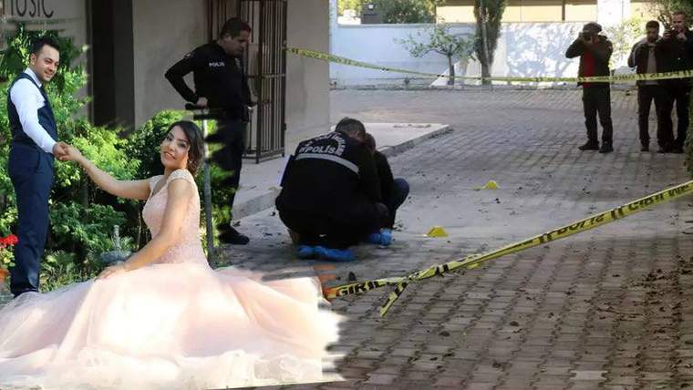 Beyaz elbiseli bir kadının görüntüsü, olay yeri şeridi ve yerde inceleme yapan polislerle birleştirilmiş.