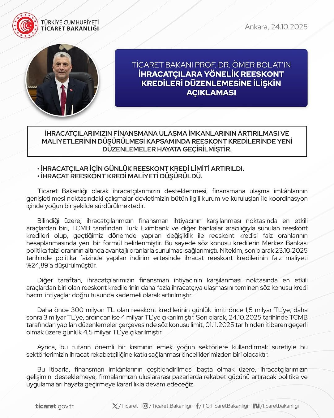 Ticaret Bakanı Ömer Bolat'tan İhracatçılara Finansal Destek: Reeskont Kredilerinde Yeni Düzenleme