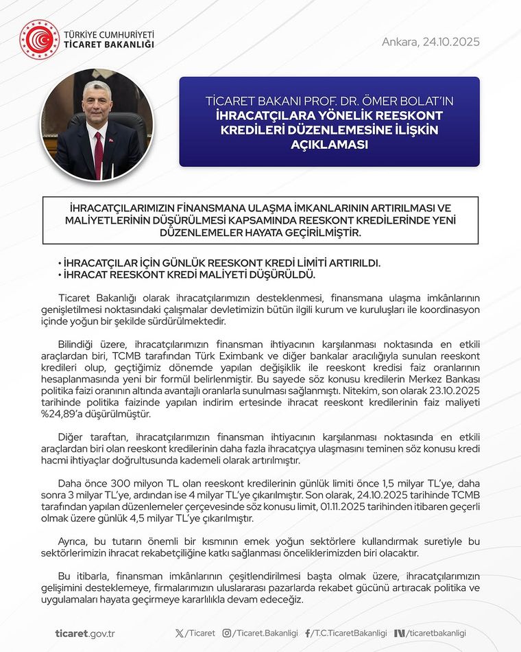 Ticaret Bakanı Ömer Bolat'tan İhracatçılara Finansal Destek: Reeskont Kredilerinde Yeni Düzenleme