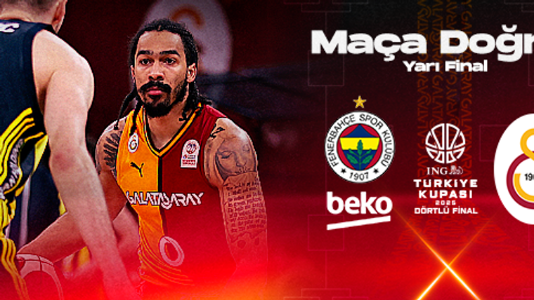 Galatasaray forması giyen bir basketbolcu, yanında kısmen görünen başka bir oyuncu ve Fenerbahçe ile Galatasaray logoları yer alıyor.