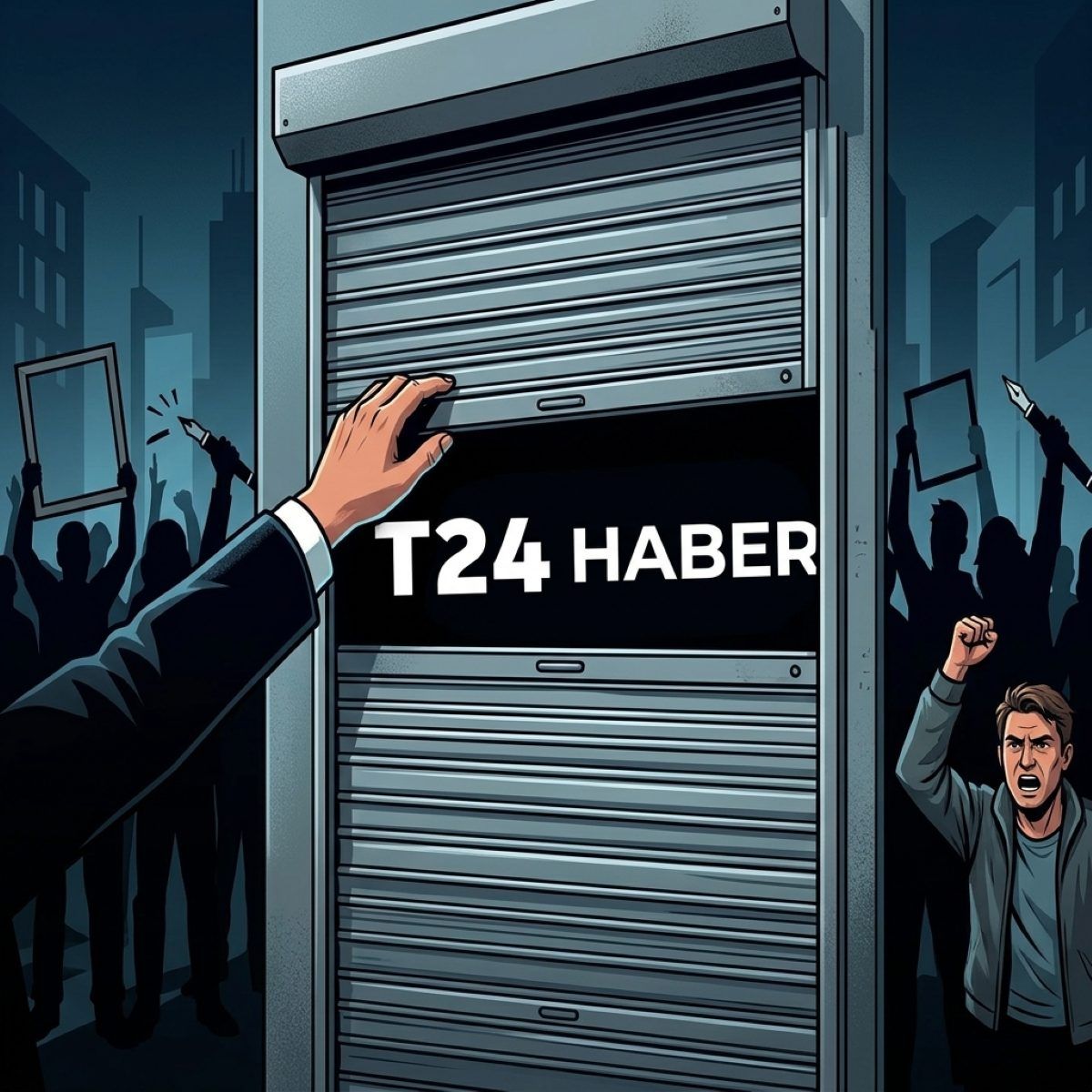 T24 HABER yazılı kepenkli bir dükkânın önünde, ellerinde boş çerçeveler taşıyan kalabalık görülüyor.