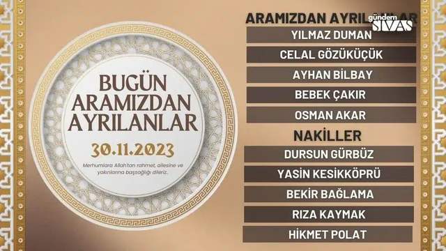 Bugün Aramızdan Ayrılanlar - 30.11.2023