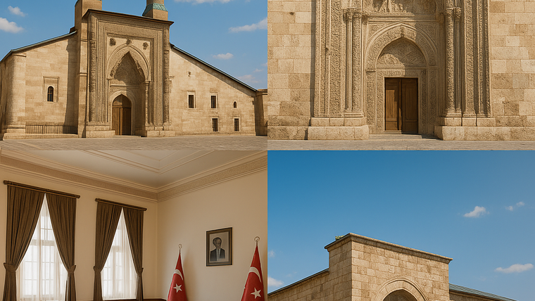 Selçuklu mimarisine sahip bir cami, iç mekanında Türk bayrakları ve bir portre ile birlikte.